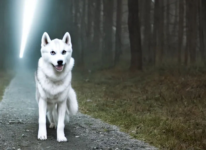 Prompt: film still of an anthropomorphic upright white vested husky in a white vest wearing a white vest in the new sci - fi movie, 8 k