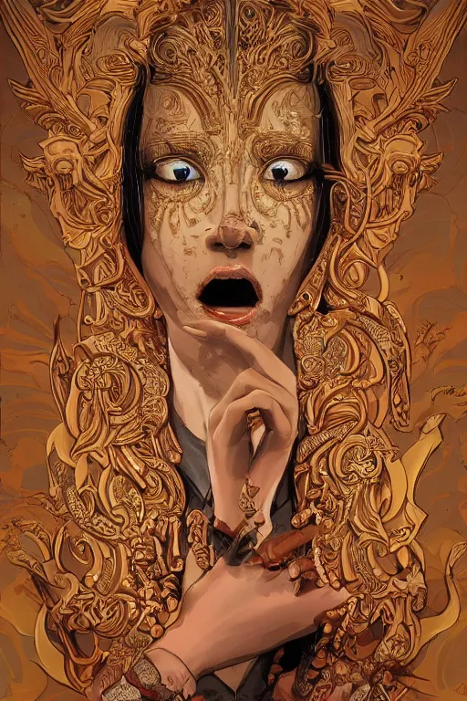 Image similar to skin made of ornate portrait of a wrathful diety teen Jessica Alba, ornate skin, ancient relief carving background, incredible, anime, Digital 2D, animated by Kyoto Animation, Studio Ghibli, Miyazaki, AKIRA art style, by Laurie Greasley, beautiful, gorgeous, dramatic lighting, rule of thirds, perfect composition, trending on ArtStation, 4k, cropped