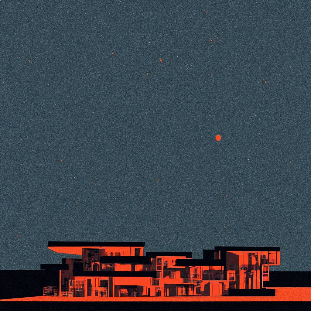 Image similar to staring at the night sky, mads berg, karolis strautniekas, film noir, stippled light, dramatic lighting, editorial illustration, detailed, fine texture, matte print, art deco, brutalism, dark blue + dark orange, red, black, ( ( habitat 6 7 background ) )