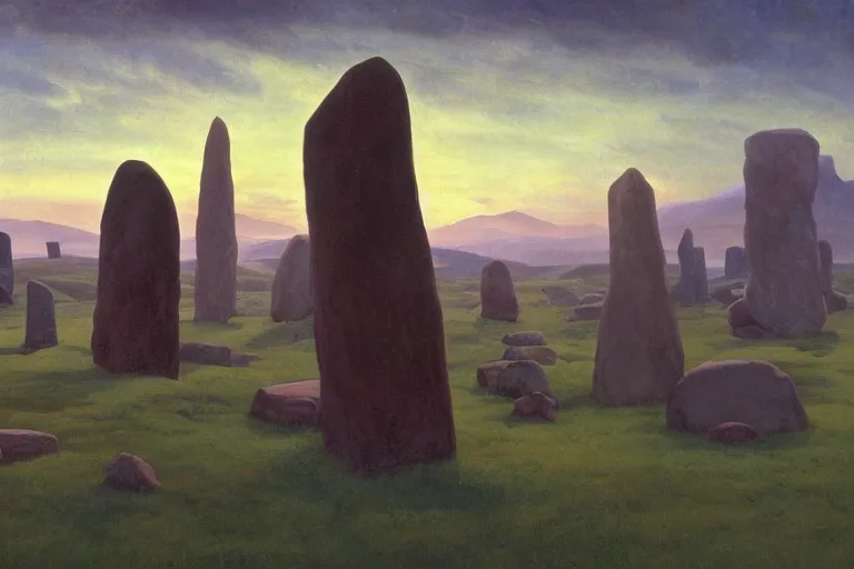 Prompt: circle of standing stones at dawn, dramatic cinematic lighting, rich colors, by William Dyce and ford madox brown and April Gornik and Caspar David Friedrich and Diego Rivera and Tyler Edlin and Nicholas Roerich, featured on artstation