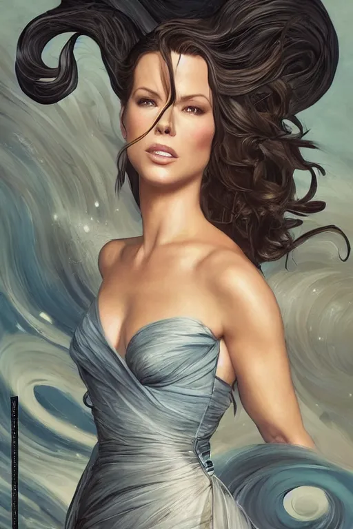 Image similar to kate beckinsdale as a heroine with a dress inspired by the great wave off kanagawa, digital painting, artstation, concept art, smooth, sharp focus, illustration, art by artgerm and donato giancola and Joseph Christian Leyendecker, Ross Tran, WLOP