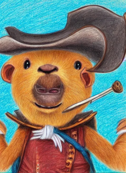 Image similar to detailed colored pencil drawing of a anthropomorphic capybara as a pirate