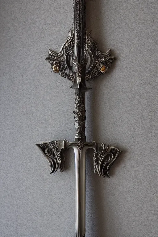 Image similar to sword of justice hanging on a wall, ornate gem in pommel, engraved blade, herringbone floor