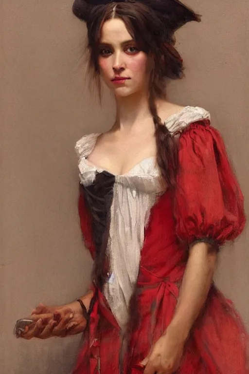 Image similar to Solomon Joseph Solomon and Richard Schmid and Jeremy Lipking victorian genre painting full length portrait painting of a young beautiful woman traditional german french pirate wench in fantasy costume, red background