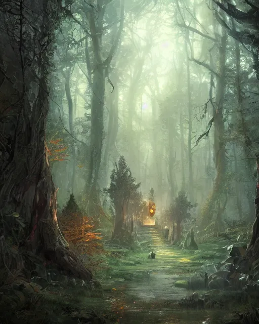 Image similar to An enchanted forest with fantastic beings, fantasy art, in the style of greg rutkowski, illustration, epic, fantasy, intricate, hyper detailed, artstation, concept art, smooth, sharp focus, ray tracing