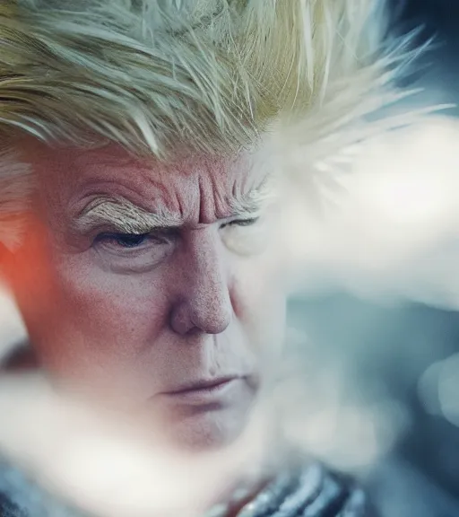 Image similar to award winning 5 5 mm close up portrait color photo of super saiyan trump, in a park by luis royo. soft light. sony a 7 r iv