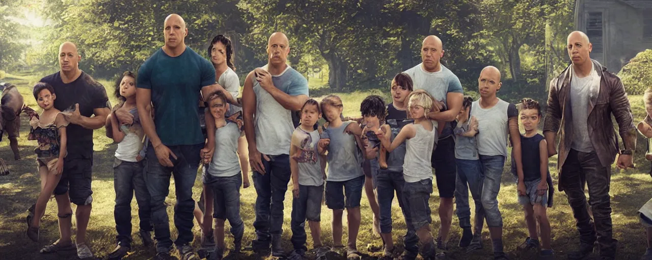 Image similar to closeup photo of vin diesel and his 6 children, sunny day, village house, pastoral, happy, cinematic, art by jan urschel and neil blevins