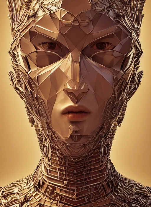 Image similar to beautiful portrait of deus ex machina, style of Feng Zhu, Artstation geometric, aesthetic, big eyes, smooth skin, unique features, symmetrical, intricate crown, volumetric lighting, streetwear, cyberpunk, detailed, octane render, cinematic, 8k, brown skin, retro sci fi film, Stanisław Szukalski + Moebius,