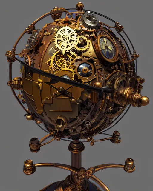 Prompt: steampunk armillary sphere, intricate, highly detailed, complex 3 d render by simon stalenhag, thomas kinkade, greg rutkowski, craig mullins, hyper realistic, ray tracing, unreal engine, blender, sharp focus, volumetric lighting