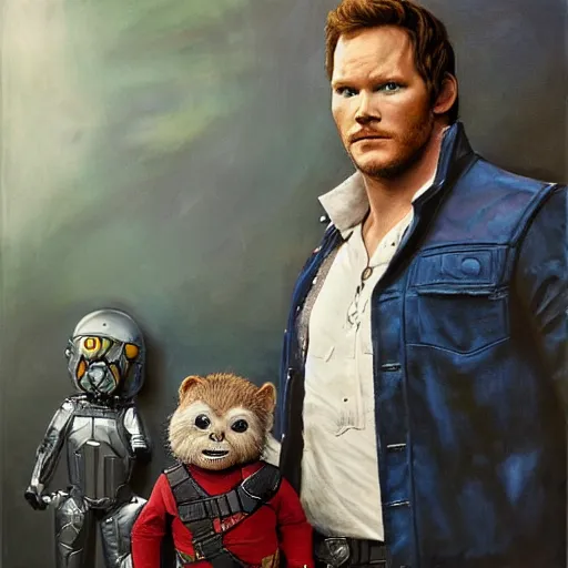 Image similar to the actor chris pratt as star lord posing with the doll chucky from the movie child's play, inside a starship, oil painting, by greg rutkowski