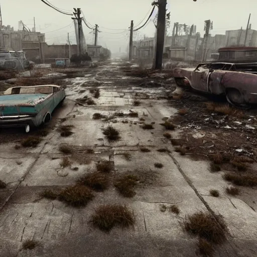 Prompt: wide angle shot of dilapidated fallout 5 in real life, desolate dilapidated town, empty streets, nightmarish, some rusted retro futuristic fallout 4 style parked cars, overcast, blankets of fog pockets, rain, volumetric lighting, beautiful, daytime, autumn, sharp focus, ultra detailed, cgsociety