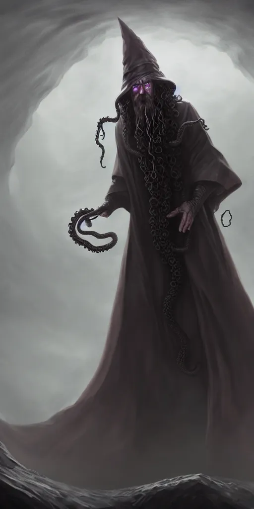 Prompt: a wizard that is slowly transforming into a tentacle monster, matte oil painting, concept art, d & d, robes, fantasy, fog, sharp focus, eldritch, award - winning, extremely detailed, 4 k, 8 k