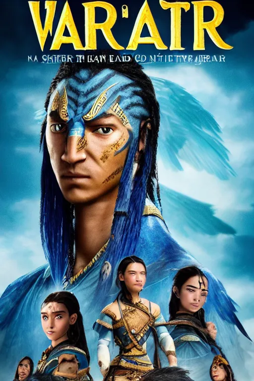 Image similar to a warrior princes with blue skin and a face of an eagle, avatar movie poster