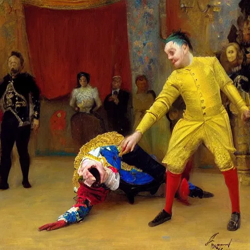 Prompt: a court jester break dancing while the queen watches in confusion and dismay. 85mm Ilya Repin, WLOP