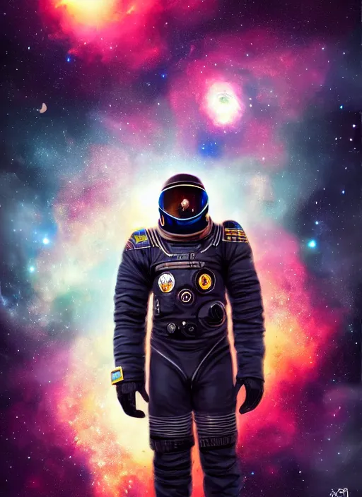 Image similar to black man in an advanced spacesuit in front of exploding nebulae, digital illustration trending on artstation by artgerm and rutkowski