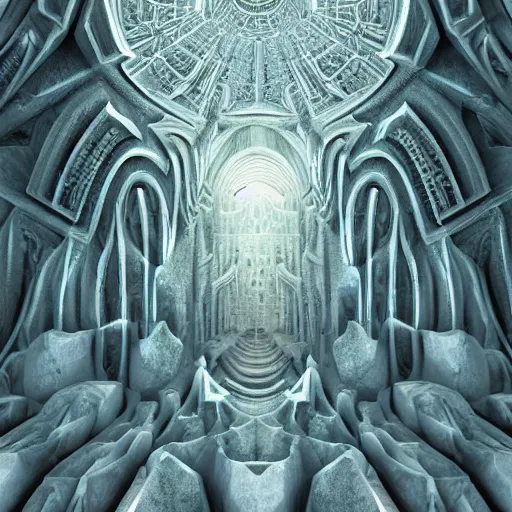 Image similar to a hyperrealistic 3 d painting of a huge sprawling fractal cathedral interior populated by mandelbrot fractals by android jones, unreal engine, carved stone, carved soap, white color scheme, volumetric lighting, octane render, dramatic lighting, glowing, carved marble, opalescent, sacred geometry, religious, angelic, catholicpunk, stark, 8 k, ultra detailed