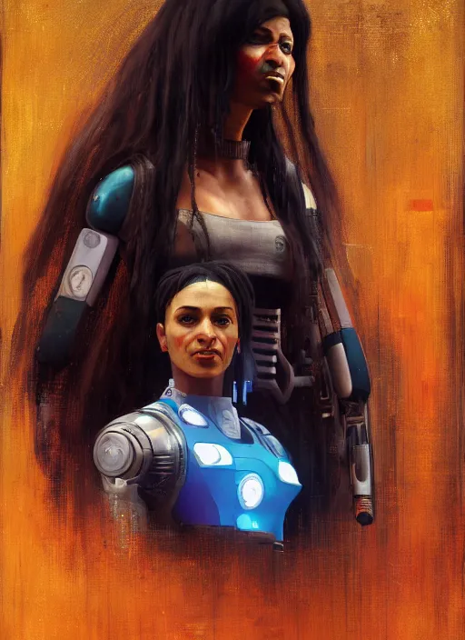 Prompt: Sonya Igwe. Beautiful Cyberpunk mechanic with robotic legs. (Cyberpunk 2077, bladerunner 2049). Iranian orientalist portrait by john william waterhouse and Edwin Longsden Long and Theodore Ralli and Nasreddine Dinet, oil on canvas. Cinematic, vivid colors, hyper realism, realistic proportions, dramatic lighting, high detail 4k
