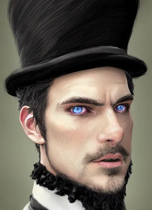 Prompt: Portrait of Abradolf Lincler, white glowing eyes, black shaggy hair, top hat, male, fantasy, extremely detailed, digital painting, artstation, concept art, smooth, sharp focus, illustration, stunning lighting, art by artgerm and greg rutkowski and alphonse mucha and simon stalenhag, realistic character concept, high fantasy, light atmosphere, golden ratio, cinematic lighting, hyperdetailed, high resolution, insanely detailed and intricate, artstation, Marc Simonetti, Greg Rutkowski, 8k