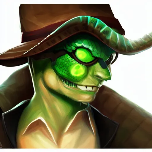 Prompt: Reptile detective, trenchoat and hat, league of legends character, close up, digital art, trending on ArtStation