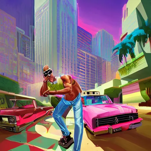 Image similar to swagger! lowrider culture, living large in the city by tyler edlin, editorial, bold colors, detailed, bold colors, miami vice, incredible lighting, great composition, artstation