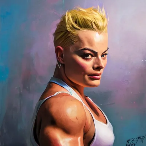 Prompt: greg manchess portrait of margot robbie as thick female bodybuilder zarya from overwatch in disco elysium, epic grimdark, fantasy, medium shot, asymmetrical, profile picture, organic painting, sunny day, matte painting, bold shapes, hard edges, street art, trending on artstation, by huang guangjian and gil elvgren and sachin teng
