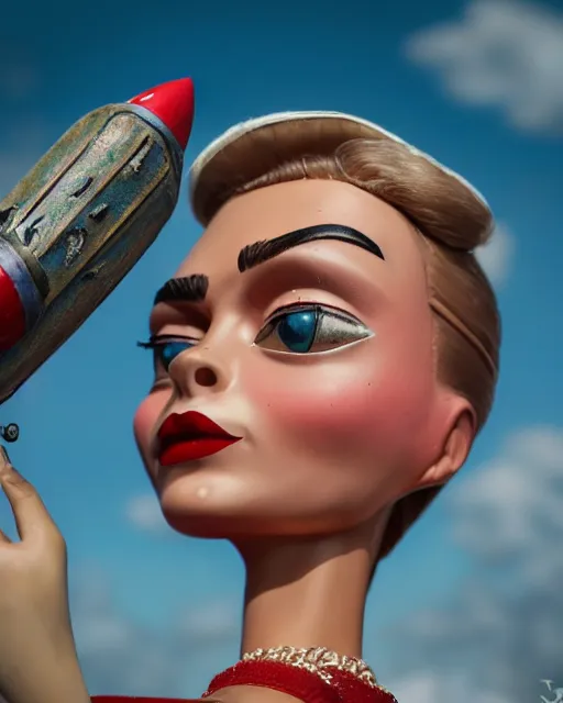 Image similar to closeup face profile portrait of a tin toy retro 1 9 5 0 s cara delevingne at a rocket launch, bikini, depth of field, zeiss lens, fashion photoshoot by nicoletta ceccoli, mark ryden, lostfish, breathtaking, detailed and intricate environment, 8 k resolution, extremely detailed, beautiful, establishing shot, artistic, hyperrealistic, octane render