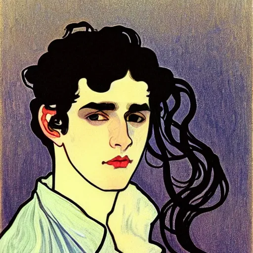 Prompt: painting of young cute handsome beautiful dark medium wavy hair man in his 2 0 s named shadow taehyung at the halloween party, somber, depressed, melancholy, sad, elegant, clear, painting, stylized, delicate, soft facial features, delicate facial features, soft art, art by alphonse mucha, vincent van gogh, egon schiele