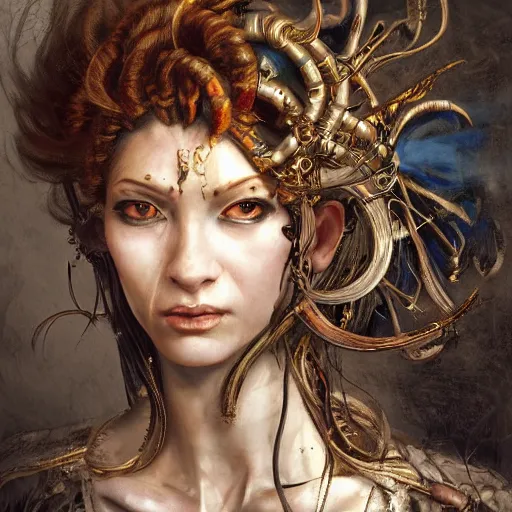 Image similar to portrait, headshot, insanely nice hair style, digital painting, of a old 17th century, old cyborg merchant, amber jewels, baroque, ornate clothing, scifi, realistic, hyperdetailed, chiaroscuro, concept art, art by Franz Hals and Jon Foster and Ayami Kojima and Amano and Karol Bak,