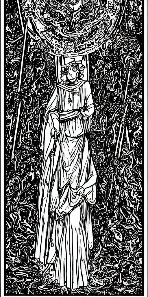 Image similar to the high priestess, tarot card, jachin and boaz columns, digital art, black and white