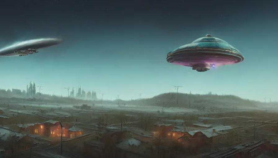 Image similar to a beautiful matte painting of a flying space ship over old soviet village, simon stalenhag and jakub rozalski and alan bean, trending on artstation, realistic rendering