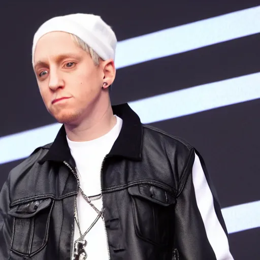 Image similar to award-winning photograph of Eminem cosplaying as an anime girl, highly detailed, ultra realistic, 8k, cinematic