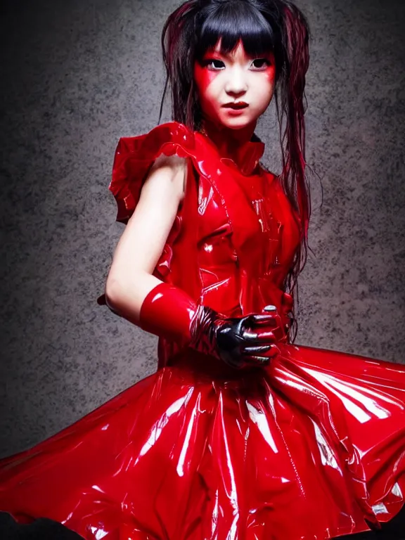 Image similar to Babymetal singer wearing Translucent Red and Gold latex dress fashion photoshoot