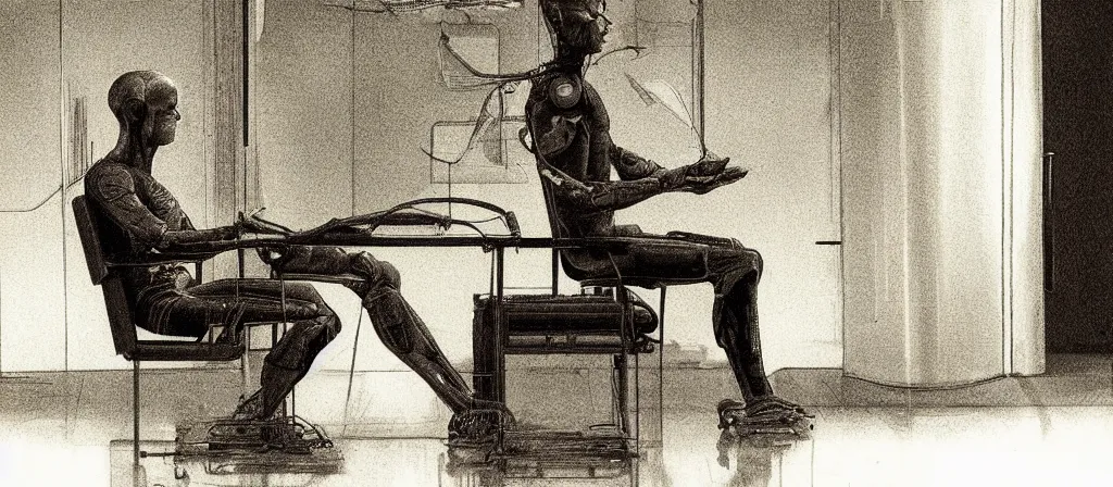 Image similar to human sitting in a chair to get upload by a futuristic scan machine to a computer, uploaded, scifi machine, very detailed, award winner on deviantart by geg rutkowski, by madgwick