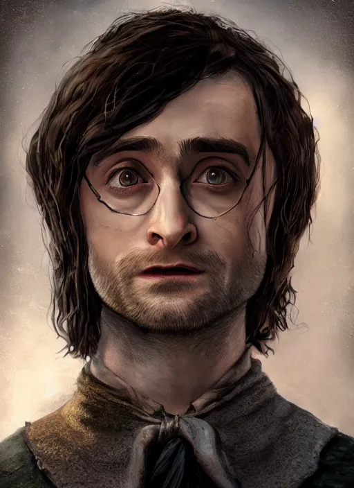 Prompt: A fantasy comic book style portrait painting of Daniel Radcliffe as a hobbit in dark castle setting, unreal 5, DAZ, hyperrealistic, octane render, RPG portrait, dynamic lighting