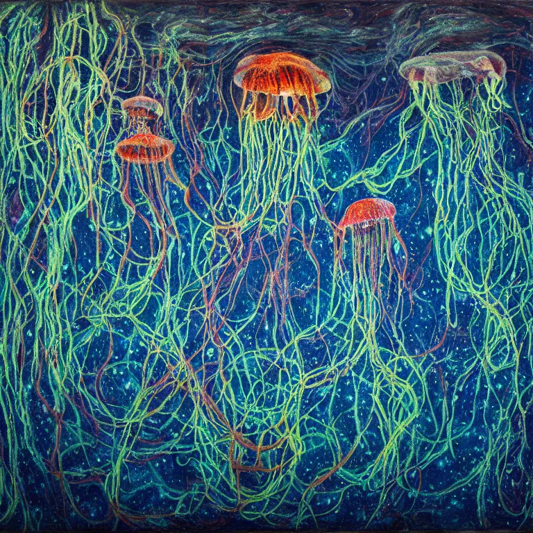 Prompt: Hyperrealistic intensely colored Studio wet collodion Photograph portrait of a deep sea psychedelic bioluminescent jellyfish deep underwater in darkness long exposure, award-winning nature deep sea expressionistic impasto heavy brushstrokes oil painting by Fabian Marcaccio and Jean Dubuffet and Audubon vivid colors hyperrealism 8k