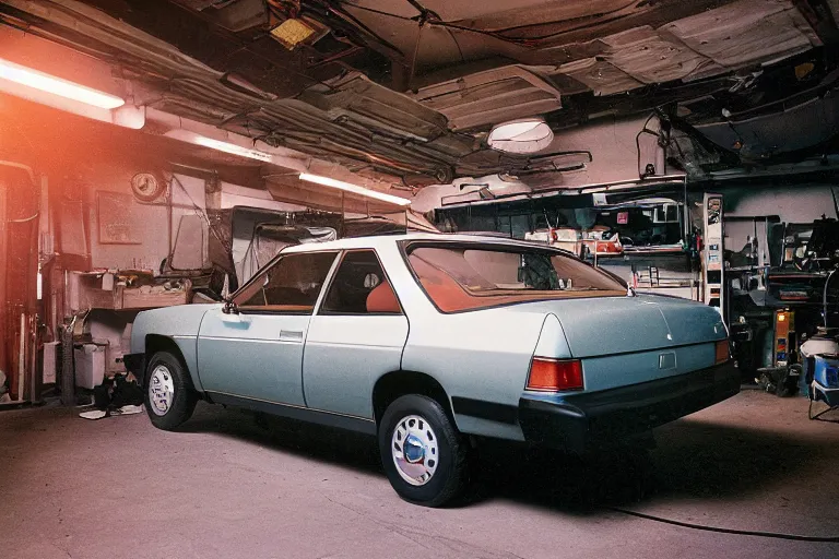 Image similar to 1985 Honda Civic, inside of an unlit 1970s auto repair garage, ektachrome photograph, volumetric lighting, f8 aperture, cinematic Eastman 5384 film