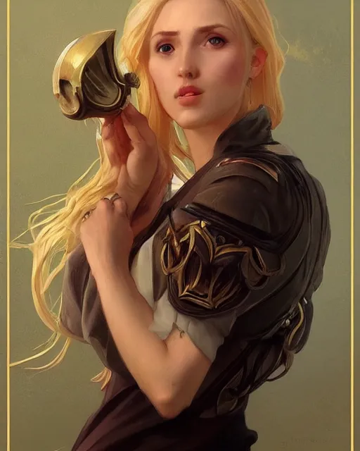 Image similar to '' Portrait of Beautiful blonde Slavic woman in her early 30’s, league of legends, LOL, fantasy, d&d, digital painting, artstation, concept art, sharp focus, illustration, art by greg rutkowski and alphonse mucha ''