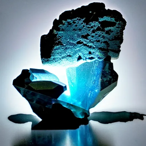 Image similar to light refraction from a mineral rock, in a dark studio room. magical-like style. Some burning smoke coming out of it. Photography from Mineral auctions, mineral collections, rare mineral. rare raw metal.