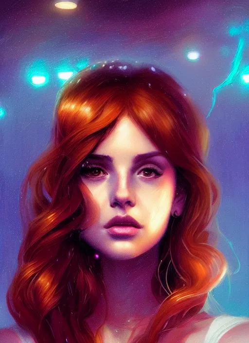 Image similar to portrait of teenage cheryl blossom, bangs and wavy hair, bangs, intricate, elegant, glowing lights, highly detailed, digital painting, artstation, concept art, smooth, sharp focus, illustration, art by wlop, mars ravelo and greg rutkowski