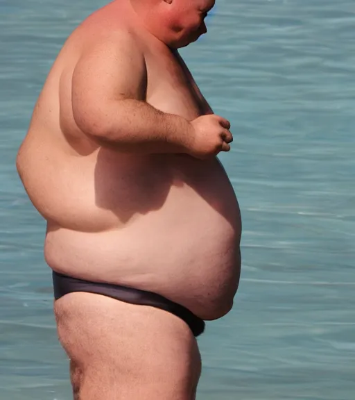 Prompt: old fat man in swimsuit, belly, spyshot