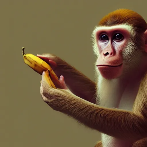 Image similar to monkey eating banana, higly detailed, 8 k, photorealistic, art concept, artstation, sharp focus