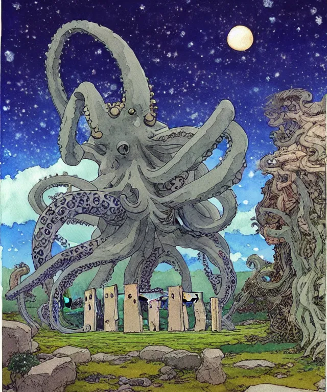 Image similar to a hyperrealist studio ghibli watercolor fantasy concept art. in the foreground is a giant grey octopus lifting and putting stones in to place on top of stonehenge with a starry sky. by rebecca guay, michael kaluta, charles vess