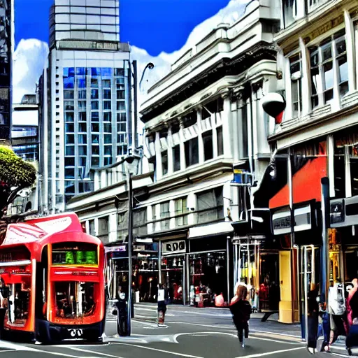 Prompt: auckland city queen street, kiwiana digital art