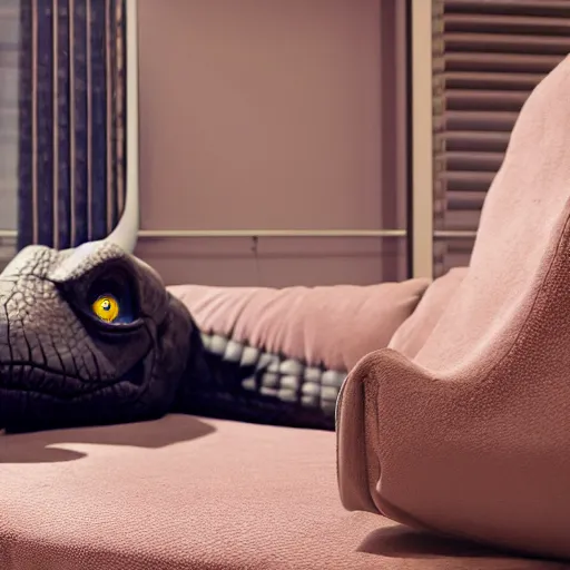 Image similar to photorealistic image of a t - rex laying on a couch and listening to music, shot in a professional studio