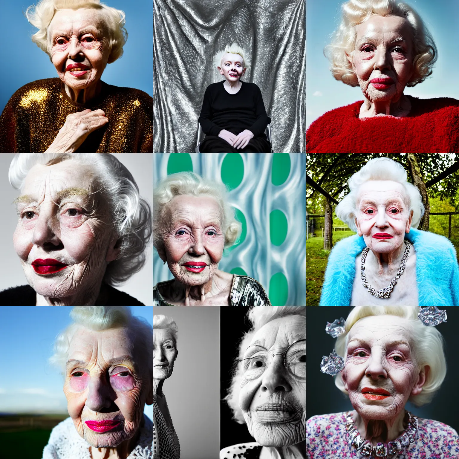 Prompt: a close up portrait of marylin munroe aged 9 8 with background scenery by juergen teller, iris van herpen rankin, ring - flash