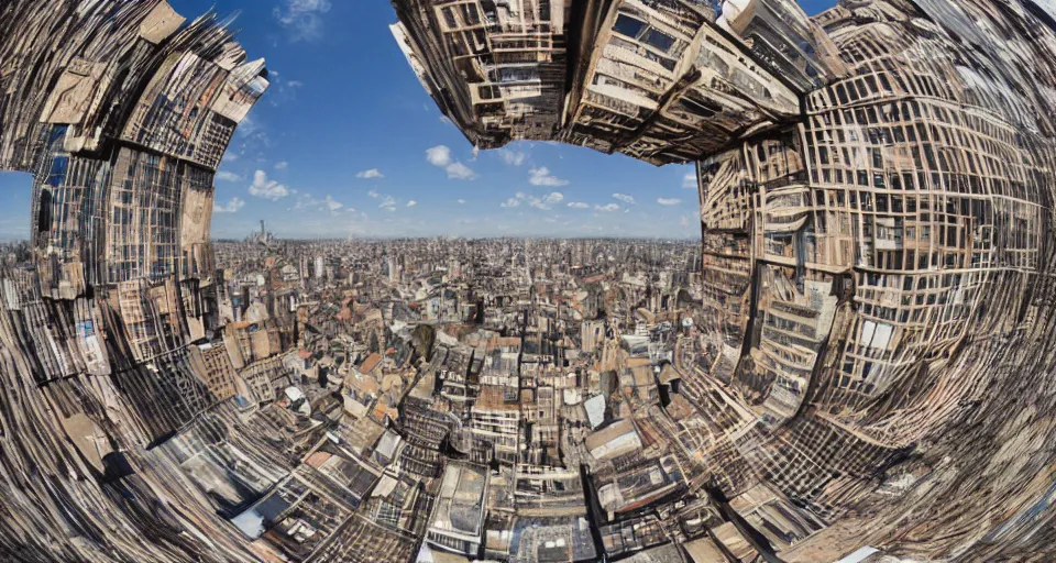 Prompt: City of cardboard viewed from the streets, fisheye photo