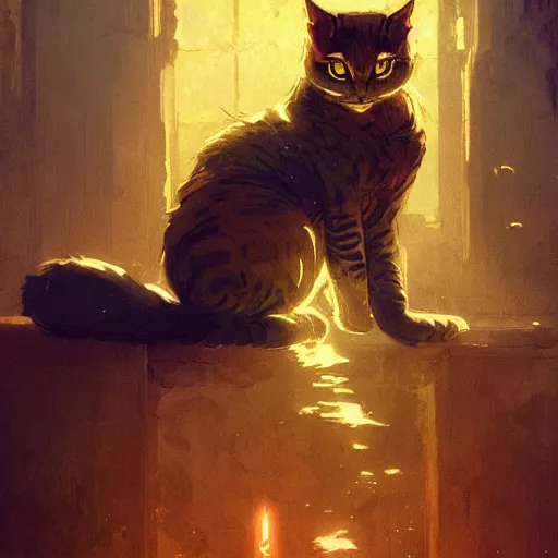 Image similar to A beautiful glowing holy cat, D&D, fantasy, intricate, cinematic lighting, highly detailed, digital painting, artstation, concept art, smooth, sharp focus, illustration, art by Akihiko Yoshida, Greg Rutkowski and Alphonse Mucha