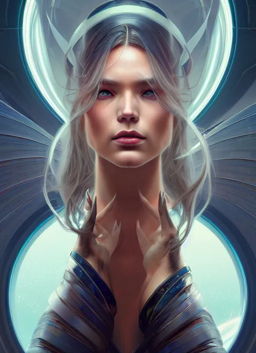 Image similar to futuristic woman portrait, sci-fi, amber eyes, face, long hair, fantasy, intricate, elegant, highly detailed, digital painting, artstation, concept art, smooth, sharp focus, illustration, art by artgerm and greg rutkowski and alphonse mucha