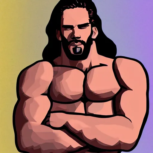 Image similar to lgbt art, tom of finland style, long hair, big muscles, strong, attractive, art in 4 k, high quality