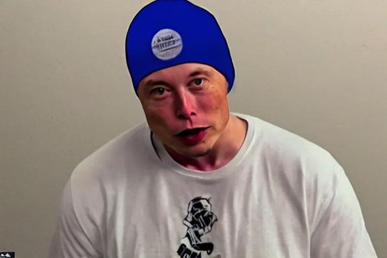 Prompt: medium full shot of elon musk as a gang member wearing a blue head covering made from a polyester or nylon material and a stained white tank top caught doing crack inside a detroit gang trap house, arms covered in gang tattoo, paparazzi, leaked footage, uncomfortable, bad quality